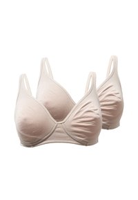 Due bras di cotone beige chiaro con spalline regolabili, copertura totale e tessuto arricciato nei coppe. Texture morbida e design senza cuciture.