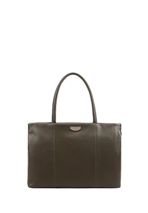 Dark brown leather tote bag with double handles and subtle stitching details, rectangular shape, and small front brand logo plate.