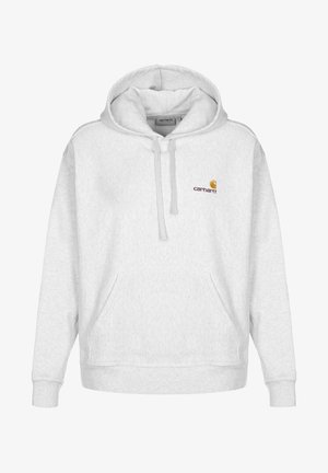 Hall nagu pehme kangas, millel on eesmine tasku, nööriga kapuuts ja rindkere kohal väike tikandiga logo.