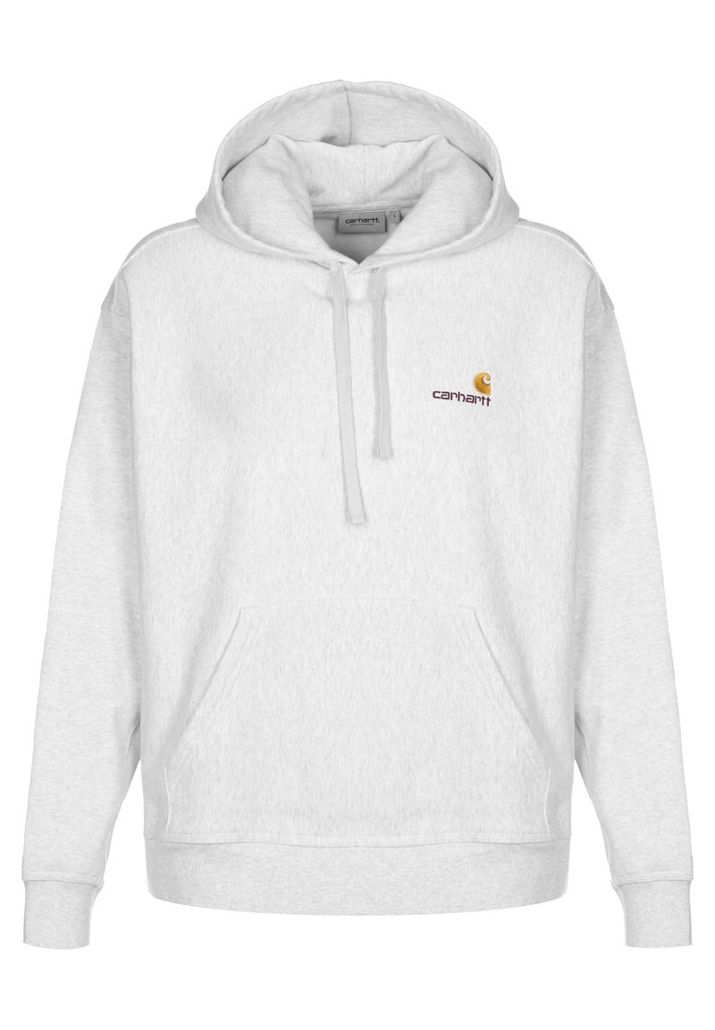 Gray hoodie made of soft fabric, featuring a front pocket, drawstring hood, and a small embroidered logo on the chest.