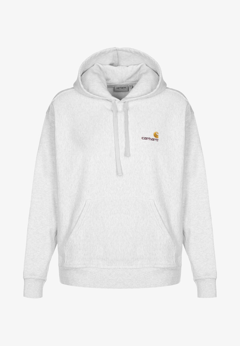 Gray hoodie made of soft fabric, featuring a front pocket, drawstring hood, and a small embroidered logo on the chest.
