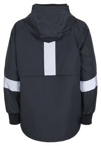 A black, hooded jacket featuring a white horizontal stripe across the upper back and down the sleeves; made from smooth, lightweight fabric.