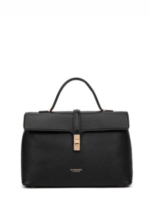 Black leather handbag with a structured shape, top handle, and magnetic clasp, featuring a textured surface and gold hardware accents.