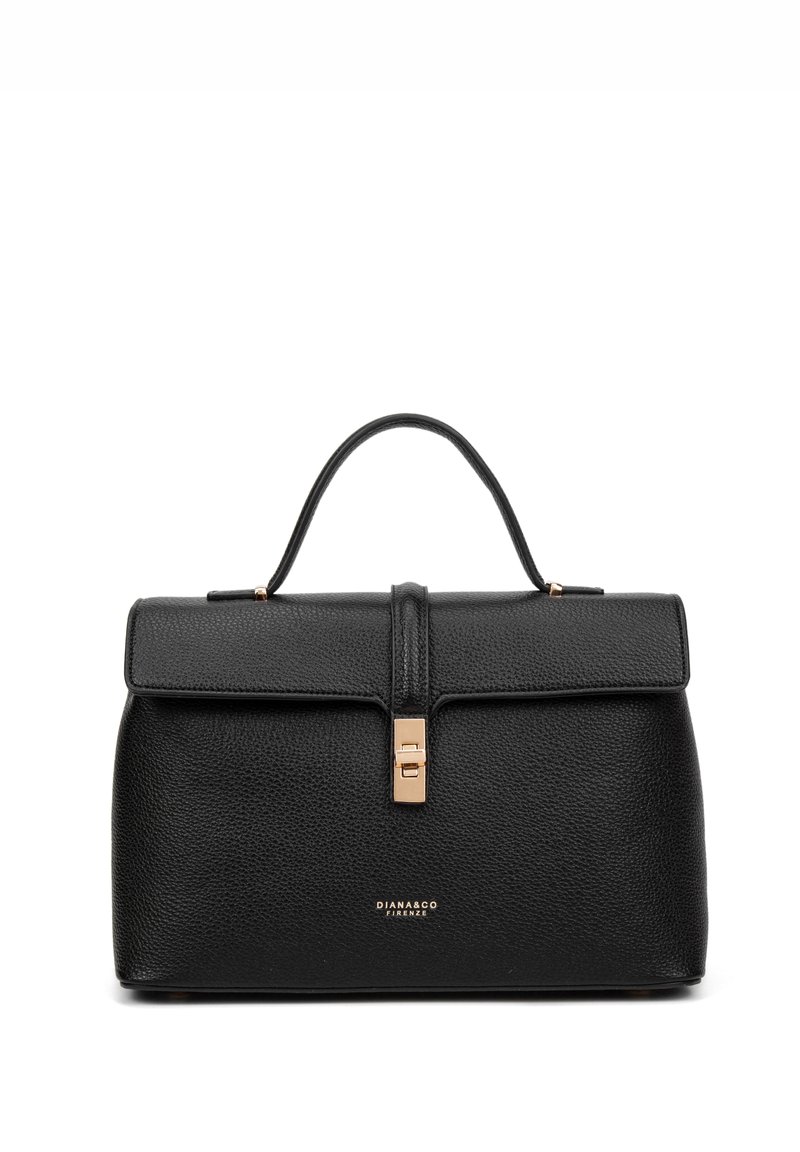 Zwarte leren handtas met een gestructureerde vorm, bovenhandvat en magneetsluiting, met een textuur oppervlak en gouden hardwareaccenten.