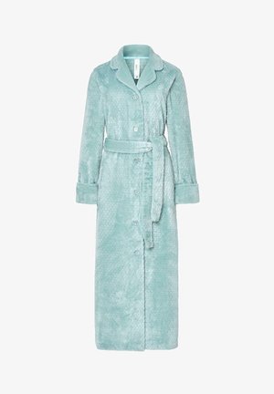 Túnica larga turquesa hecha de un tejido suave y texturizado, con cuello, botones frontales y un cinturón a juego. Tiene mangas largas y bolsillos laterales.