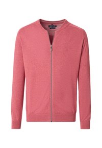 Baumwoll-Cardigan mit Reißverschluss in Hellrosa, mit langen Ärmeln, rundem Halsauschnitt und geripptem Saum. Verfügt über eine subtile Textur und minimale Details.