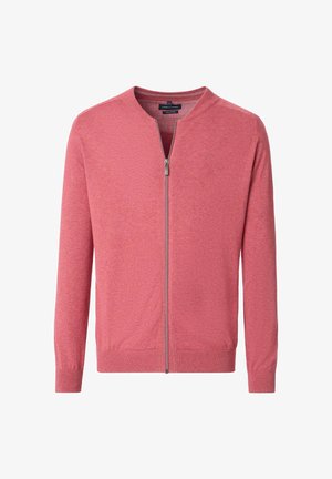 Lichte roze katoenen cardigan met rits, lange mouwen, een ronde halslijn en geribde zoom. Heeft een subtiele textuur en minimale details.