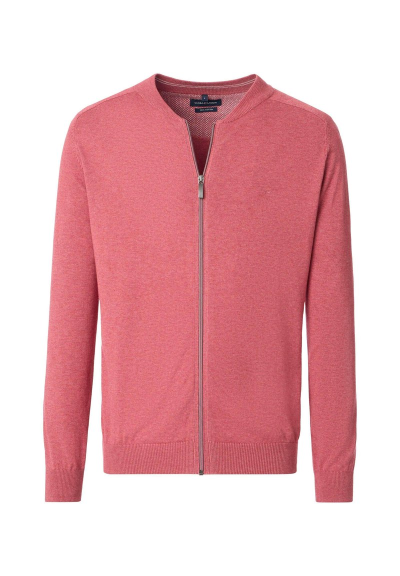 Baumwoll-Cardigan mit Reißverschluss in Hellrosa, mit langen Ärmeln, rundem Halsauschnitt und geripptem Saum. Verfügt über eine subtile Textur und minimale Details.