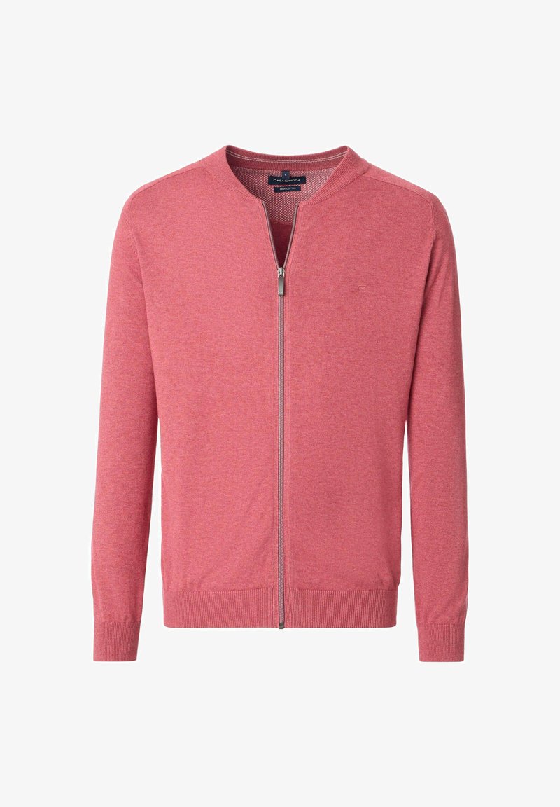 Baumwoll-Cardigan mit Reißverschluss in Hellrosa, mit langen Ärmeln, rundem Halsauschnitt und geripptem Saum. Verfügt über eine subtile Textur und minimale Details.