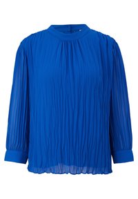 Blusa blu a pieghe con collo alto, maniche lunghe e polsini a tinta unita in contrasto. Tessuto leggero e testurizzato con pieghe verticali.