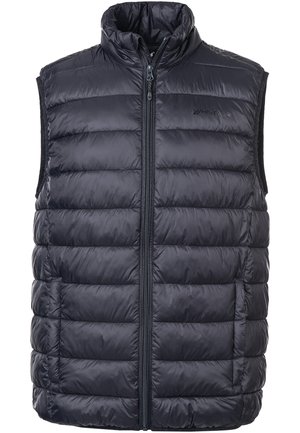 Gepolsterte Weste in dunklem Marineblau mit hohem Kragen, durchgehendem Reißverschluss und horizontaler Steppung ohne Ärmel. Leicht und isoliert im Design.