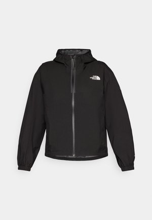 Schwarze, leichte Jacke mit Kapuze und elastischen Bündchen. Mit einem Reißverschluss auf der Vorderseite und dem "The North Face"-Logo auf der Brust.