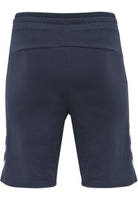 Pantalones cortos de algodón azul marino con cinturilla elástica. Presenta rayas laterales en blanco, textura suave y diseño hasta la rodilla.