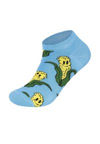 Helle blaue Knöchelsocken mit einem Muster aus gelben Blumen und grünen Blättern. Hergestellt aus einem weichen, dehnbaren Material.