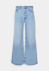 Ljusblå vida jeans i denim, med en blekt tvätt, hög midja och råkant i nederkant. Klassisk femfickdesign.