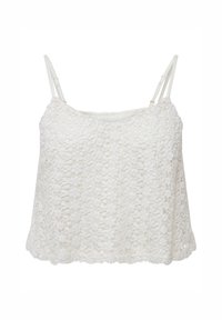 Top in pizzo bianco con spalline sottili regolabili, orlo a forma di scallop e motivo floreale, caratterizzato da una texture leggermente trasparente.
