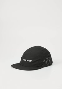 Black cap made of fabric with a flat brim. Features white logo and textured pattern with small cutouts on one side.