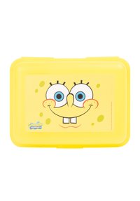 Yellow plastic lunch box featuring a cartoon character face with large blue eyes, a smiling mouth, and a textured background with small bubbles.