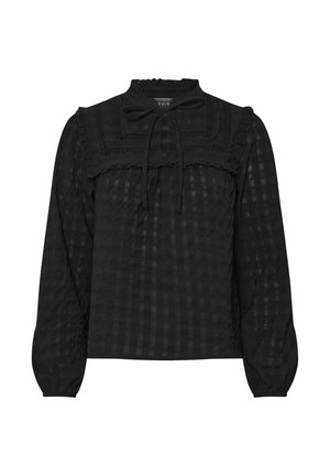Black long-sleeve blouse with textured check pattern, ruffled square yoke, high collar, and front tie detail.