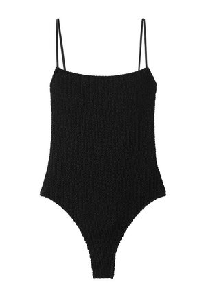 Bañador de una pieza negro con textura, con tirantes finos y aberturas en las piernas de corte alto.