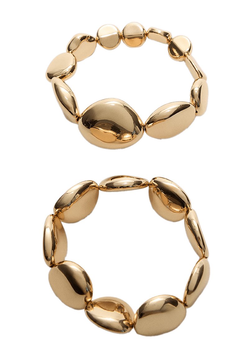 Bracciale in tono oro con maglie ovali e rotonde di varie dimensioni, caratterizzato da una superficie liscia e lucida e un design senza soluzione di continuità.