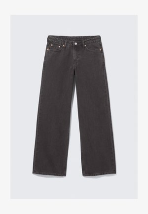 Bredde ben jeans lavet af mørkegrå denim. Funktioner inkluderer høj talje, kobber hardware og klassisk fem-lomme design.