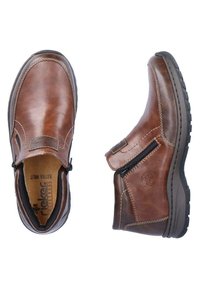 Braune Leder-Stiefel bis zum Knöchel mit einem Reißverschluss, runder Spitze, gepolstertem Kragen und Gummisohle; gestickte Details an den Seiten und Logo-Prägung an der Ferse.