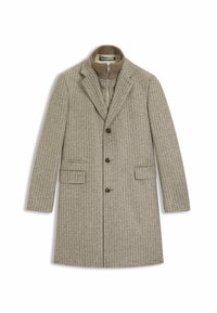 Wool coat in a houndstooth pattern with a brown zip-up collar, two patch pockets, and brown buttons. Light tan and dark beige colors.