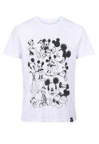 Bílý bavlněný tričko se černým karikaturou znázorňující více Disney postaviček, včetně Mickey Mouse, Donald Duck a dalších.