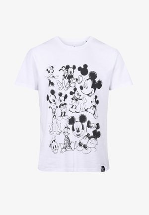 Camiseta de algodón blanca con un collage de dibujos en líneas negras de Mickey Mouse, Minnie, Donald, y Pluto en varias poses.