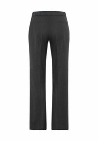 Pantalon gris charbon ajusté avec une coupe droite, taille élastique et deux poches arrière. Tissu doux et texturé.