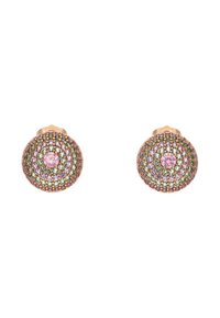 Ronde stud oorbellen met concentrische cirkels van roze, paarse en groene edelstenen, gezet in roségoud.