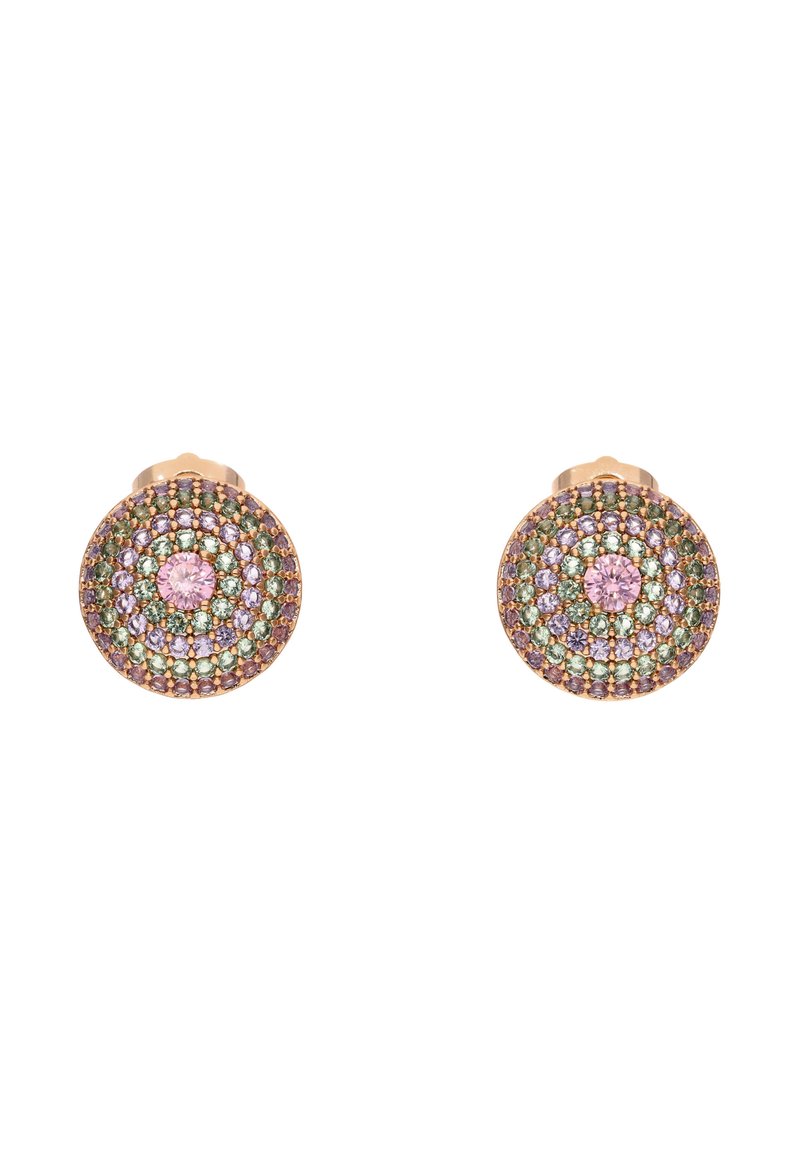 Ronde stud oorbellen met concentrische cirkels van roze, paarse en groene edelstenen, gezet in roségoud.