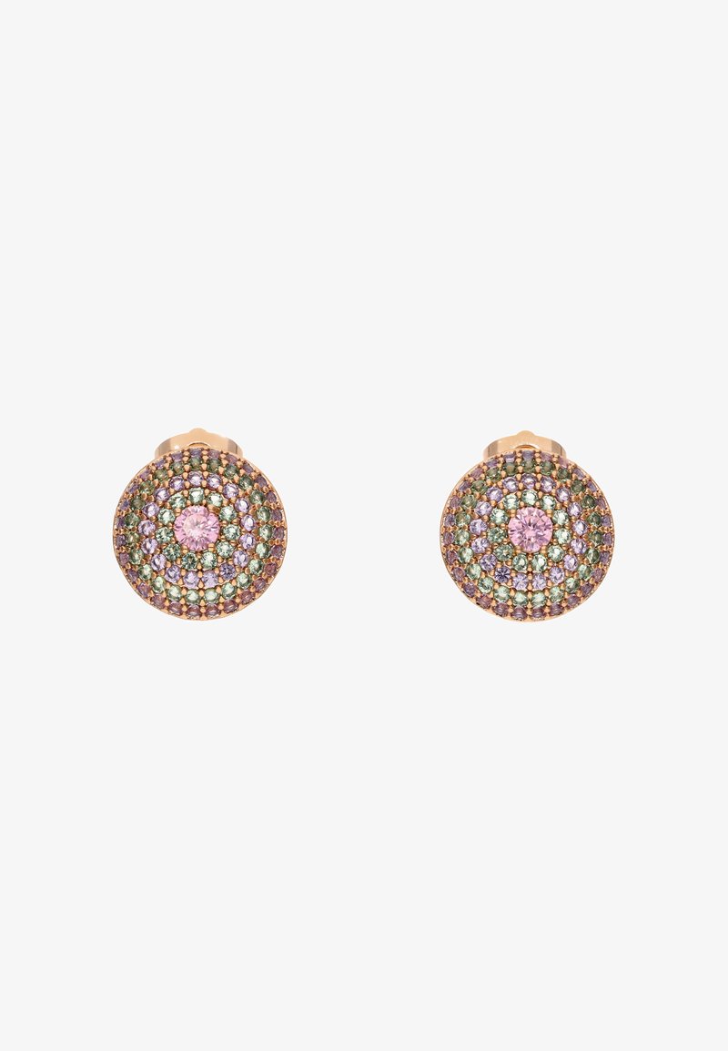 Ronde stud oorbellen met concentrische cirkels van roze, paarse en groene edelstenen, gezet in roségoud.