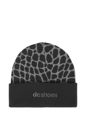 Czarna i szara dziana czapka z nieregularnym, żyrafopodobnym wzorem oraz podwiniętym mankietem z wyszywanym logo "dc shoes".
