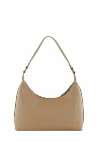 Beige lederen schoudertas met een ronde vorm, een enkele verstelbare schouderriem en een ritssluiting aan de bovenkant. Gladde textuur met minimale accenten.