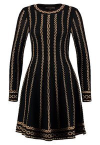 Robe noire à manches longues avec motif et bordure à chaînes dorées verticales. Coupe trapèze, texture tricotée, encolure ronde.