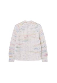 Sweter dzianinowy w białym kolorze z wielokolorowymi plamkami. Ma okrągły dekolt, długie rękawy i luźny krój. Całość zdobiona jest teksturowanym wzorem.
