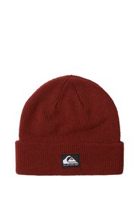 Bonnet tricoté rouge avec un revers replié ; affiche un petit patch logo noir à l'avant. Tissu texturé avec un motif côtelé.