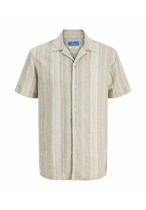 Chemise beige à manches courtes avec boutons, rayures blanches verticales et col cranté, présentée sur fond blanc.