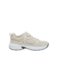 Beige sportcipő hálós részletezéssel, kerek orral, texturált szintetikus felsőrésszel, lapos fehér középtalppal és fekete gumitalppal.