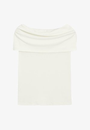 Witte off-shoulder tube top met een brede, omgeslagen halslijn en een glad, aansluitend lijfje.