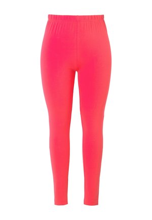 Helle pinkfarbene Leggings aus dehnbarem Stoff, mit einem hohen elastischen Taillenbund, glatter Textur und einer körperbetonten Passform.