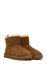 Braune Wildleder-Stiefeletten mit einem weichen weißen Schaffellfutter und einer flachen Gummisohle. Sie verfügen über einfache Nahtverarbeitung und ein rundes Zehen-Design.