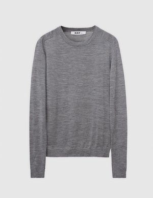 Grey long-sleeve knit sweater with crew neck, ribbed cuffs, hem, and shoulder seam details on a plain light background.
