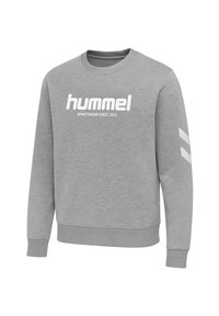Jasnoszara bluza z okrągłym dekoltem z napisem "hummel SPORTSWEAR SINCE 1923" na przodzie oraz dwoma białymi chevronami na prawym rękawie.