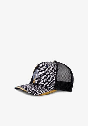 Black and white patterned cap with a yellow brim, mesh back, and structured front panel. Features a curved visor and adjustable snap closure.