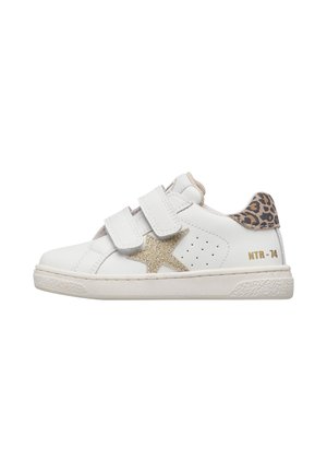 White children's sneaker with two velcro straps, gold glitter star on side, leopard print heel tab, and "NTR-74" text on sole edge.
