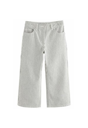 Pantalones de pierna ancha a rayas en gris claro y gris oscuro, hechos de algodón, con una cinturilla con pasadores para cinturón y cuatro bolsillos.