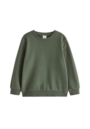 Langærmet olivengrøn sweatshirt med rund hals og ribkant ved ærmer og bund, vist på hvid baggrund.